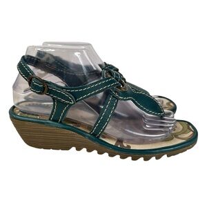 Fly London Boho Teal Wedge Sandals T Strap Buckle Platform Walkable EU 38